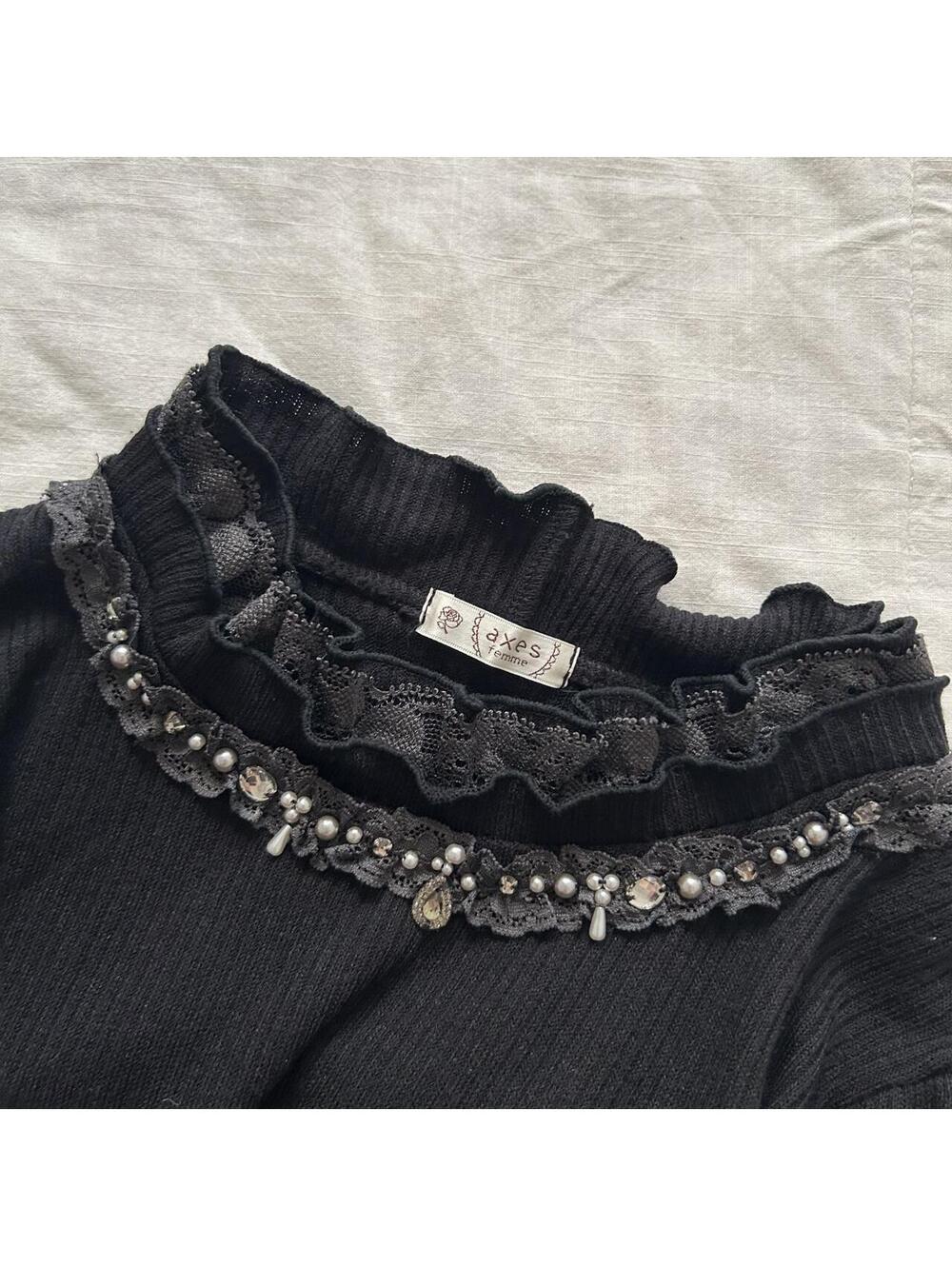 Axes Femme Black Beaded Lace High Neck Knit Top Goth Size M Japan - Picture 2 of 7